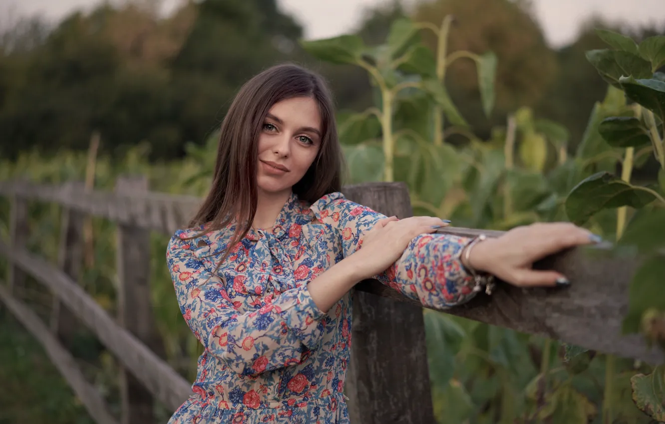 Photo wallpaper look, girl, smile, hair, fence, dress, Sergey Churnosov