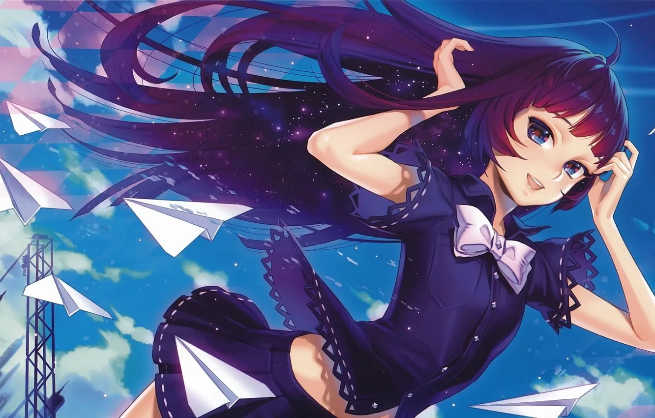 Photo wallpaper girl, flight, red hair, breeze, airplane