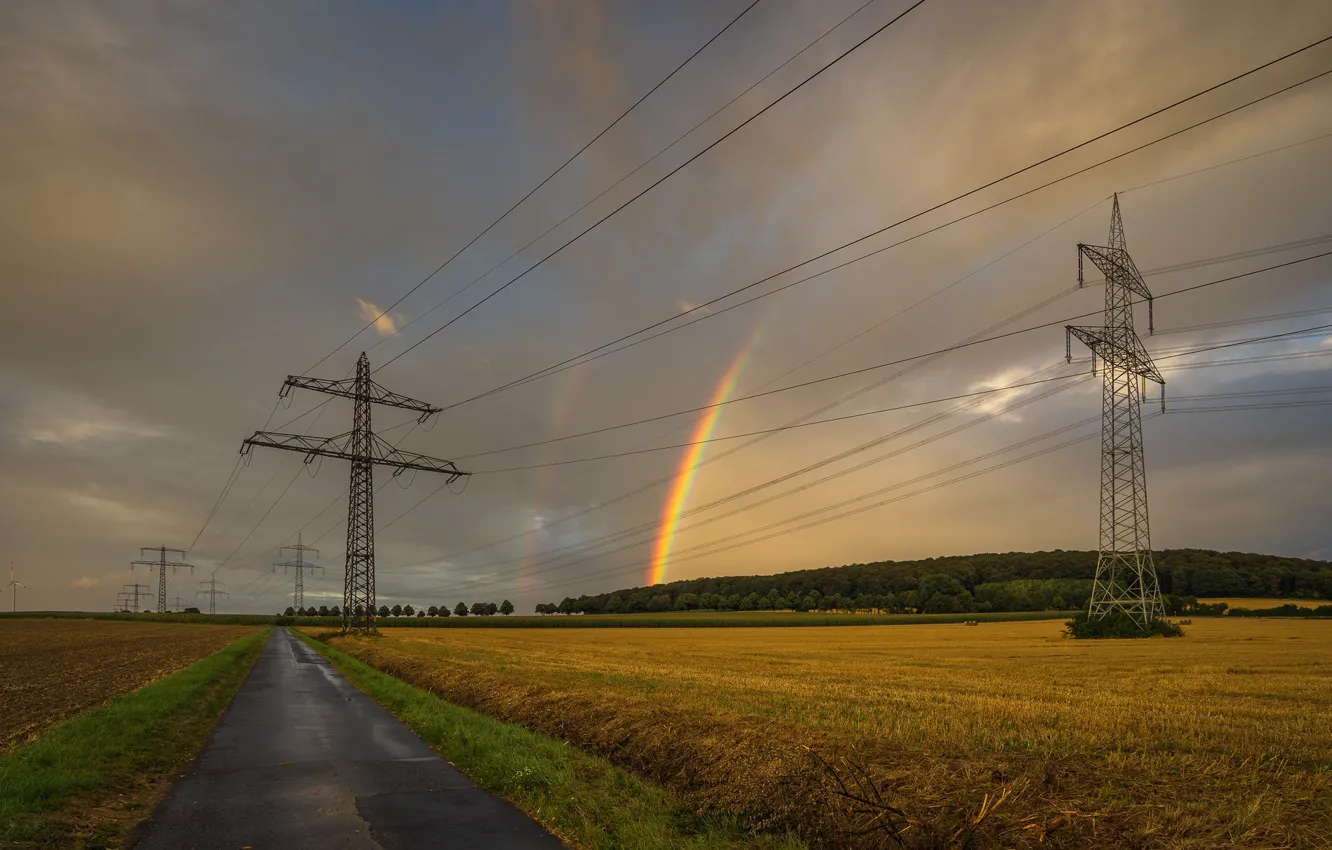 Photo wallpaper road, field, rainbow, power lines