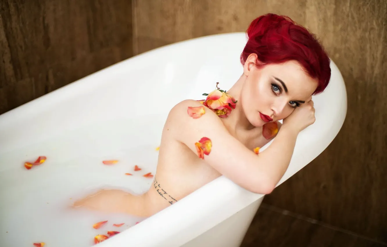 Photo wallpaper look, girl, makeup, tattoo, bath, Eva Sen