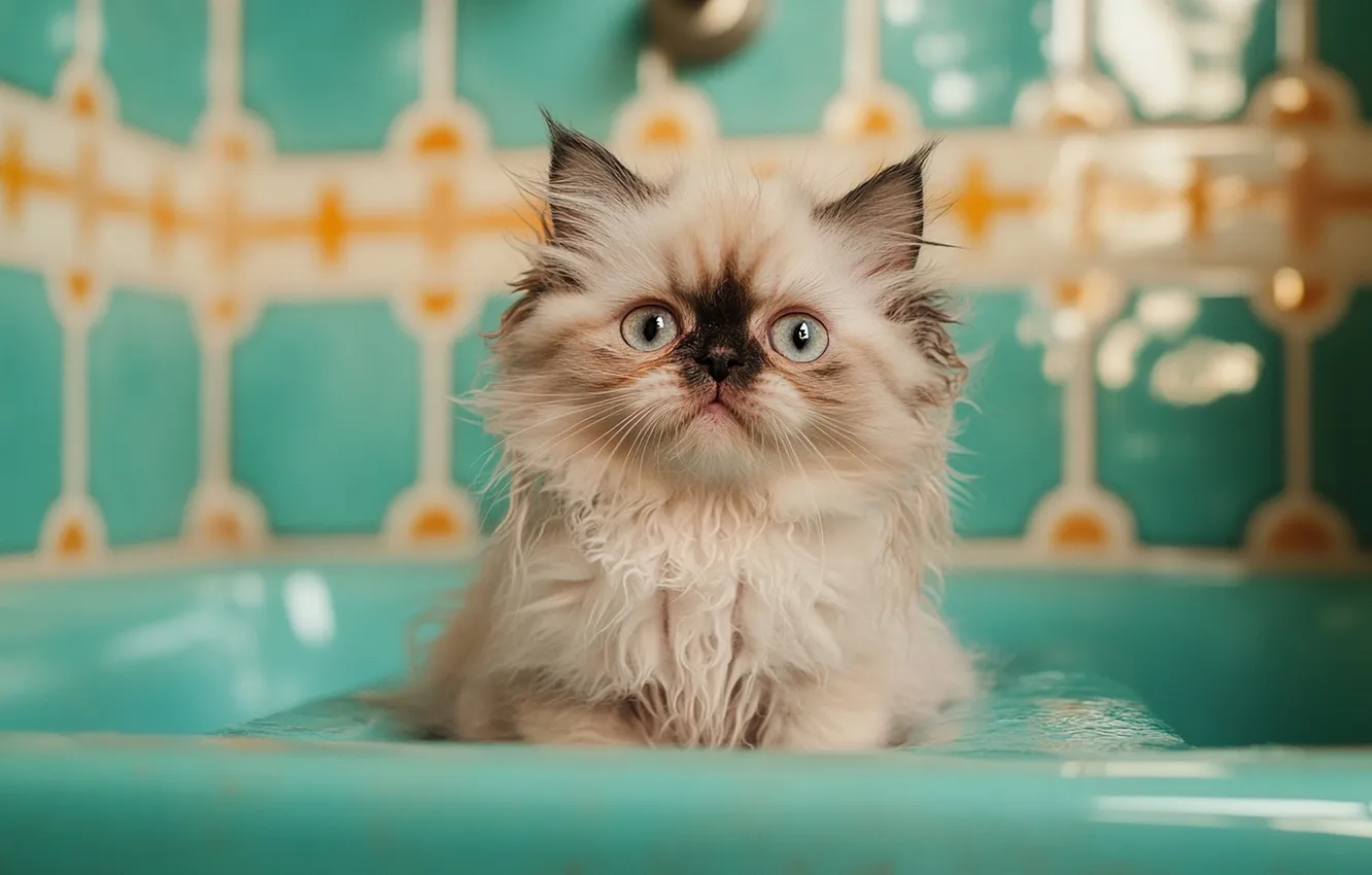 Photo wallpaper cat, white, look, water, pose, tile, wet, bathing