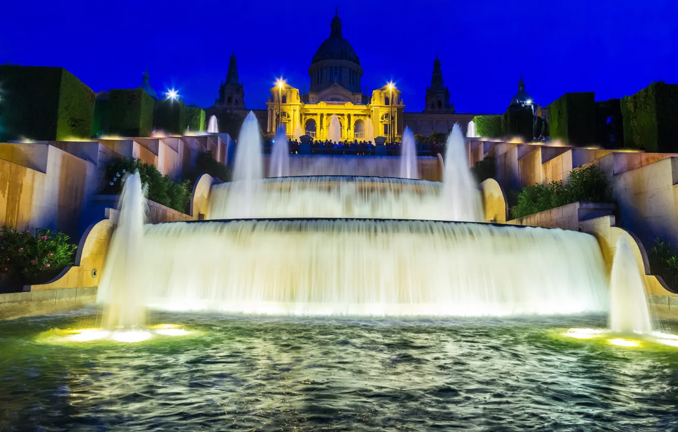 Photo wallpaper night, design, lights, waterfall, lights, fountain, Spain, cascade