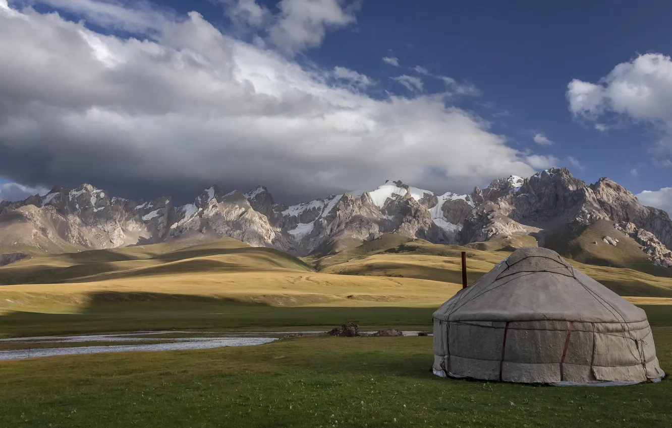 Photo wallpaper field, clouds, mountains, blue, hills, tops, Yurt