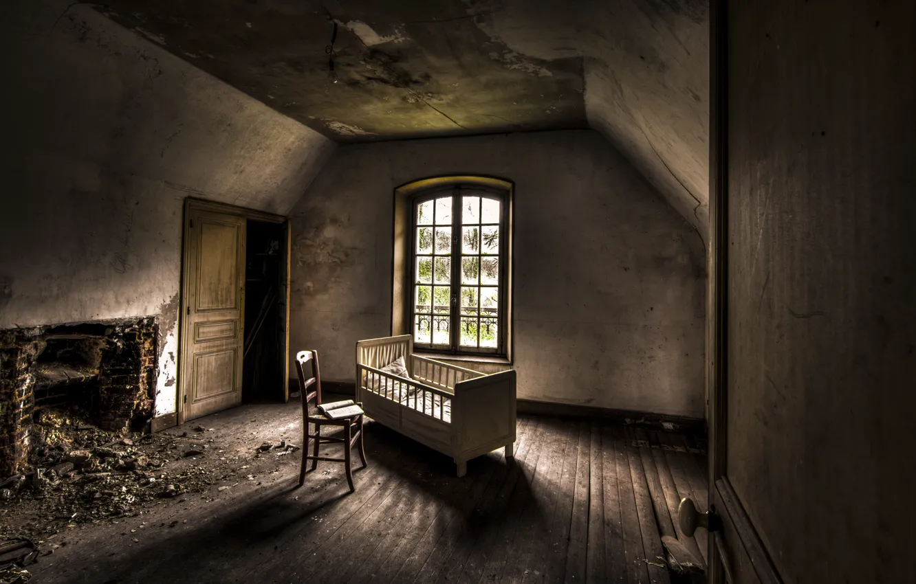 Photo wallpaper room, window, chair, hearth, cot