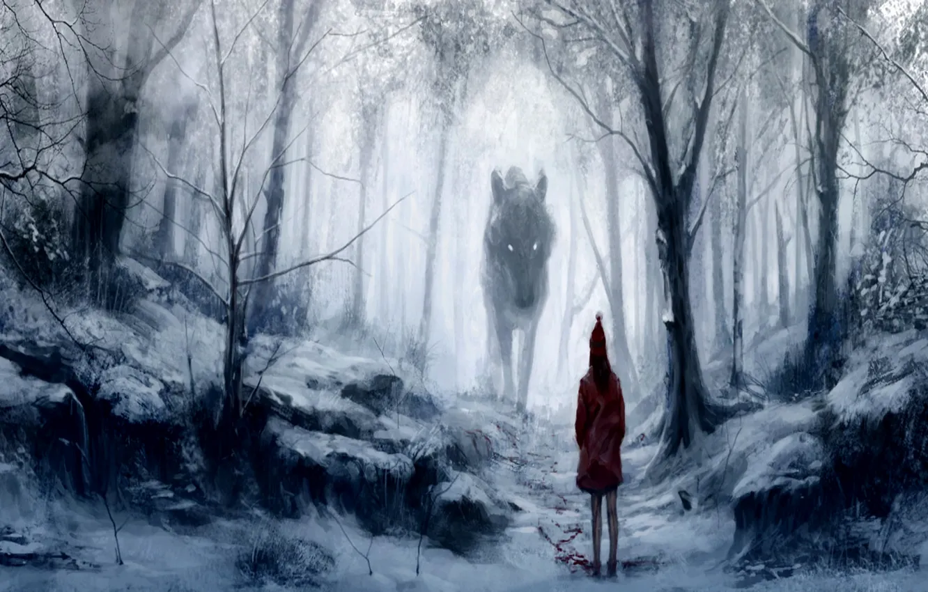 Photo wallpaper cold, forest, snow, fog, blood, the victim, wolf, predator