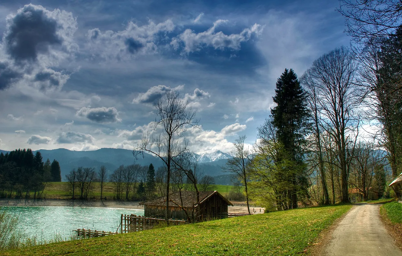 Photo wallpaper road, the sky, clouds, trees, mountains, lake, pond, home