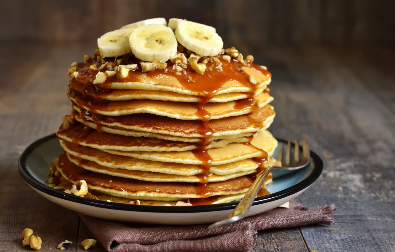 Photo wallpaper bananas, nuts, caramel, pancake