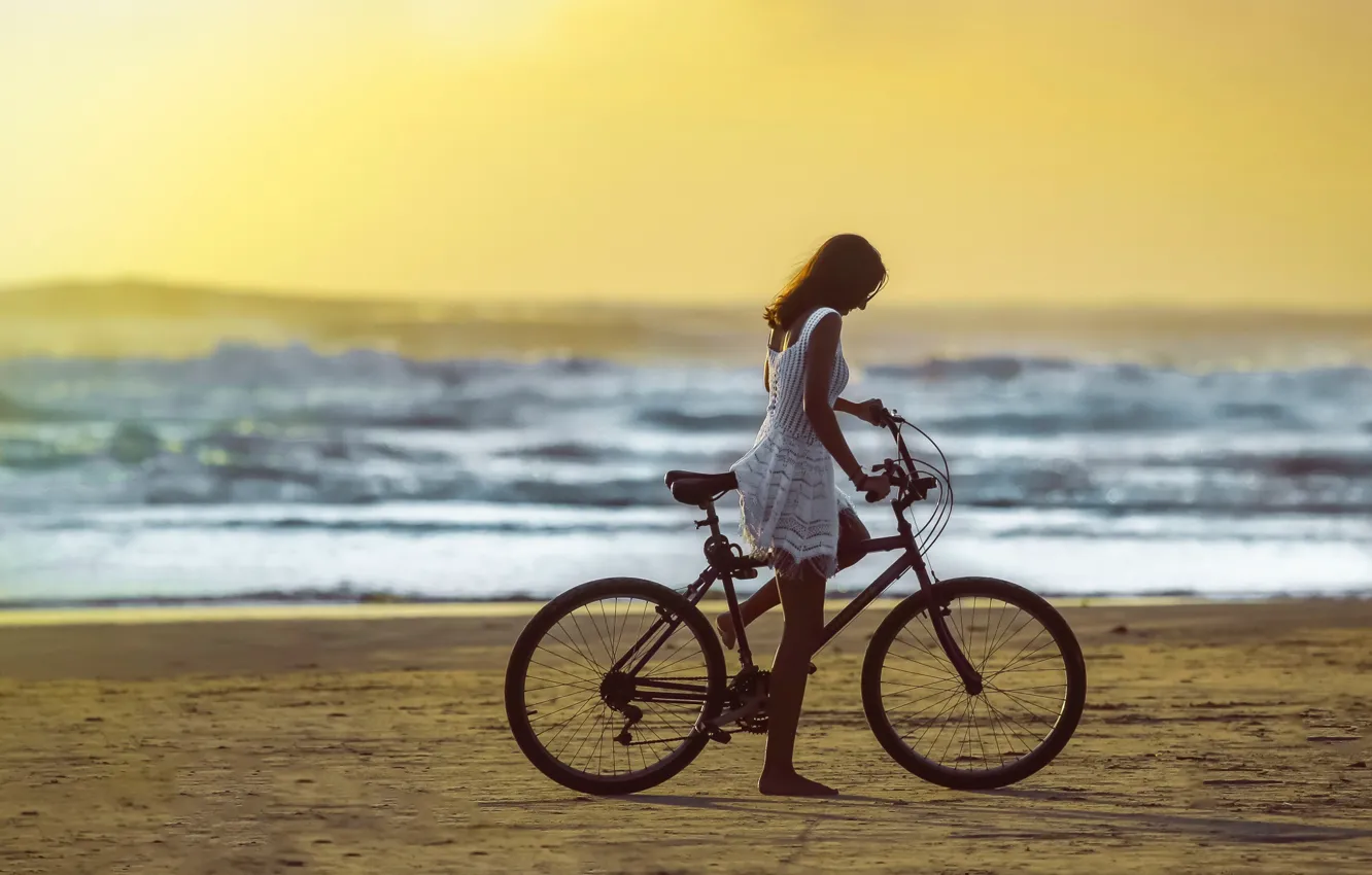 Photo wallpaper beach, girl, bike