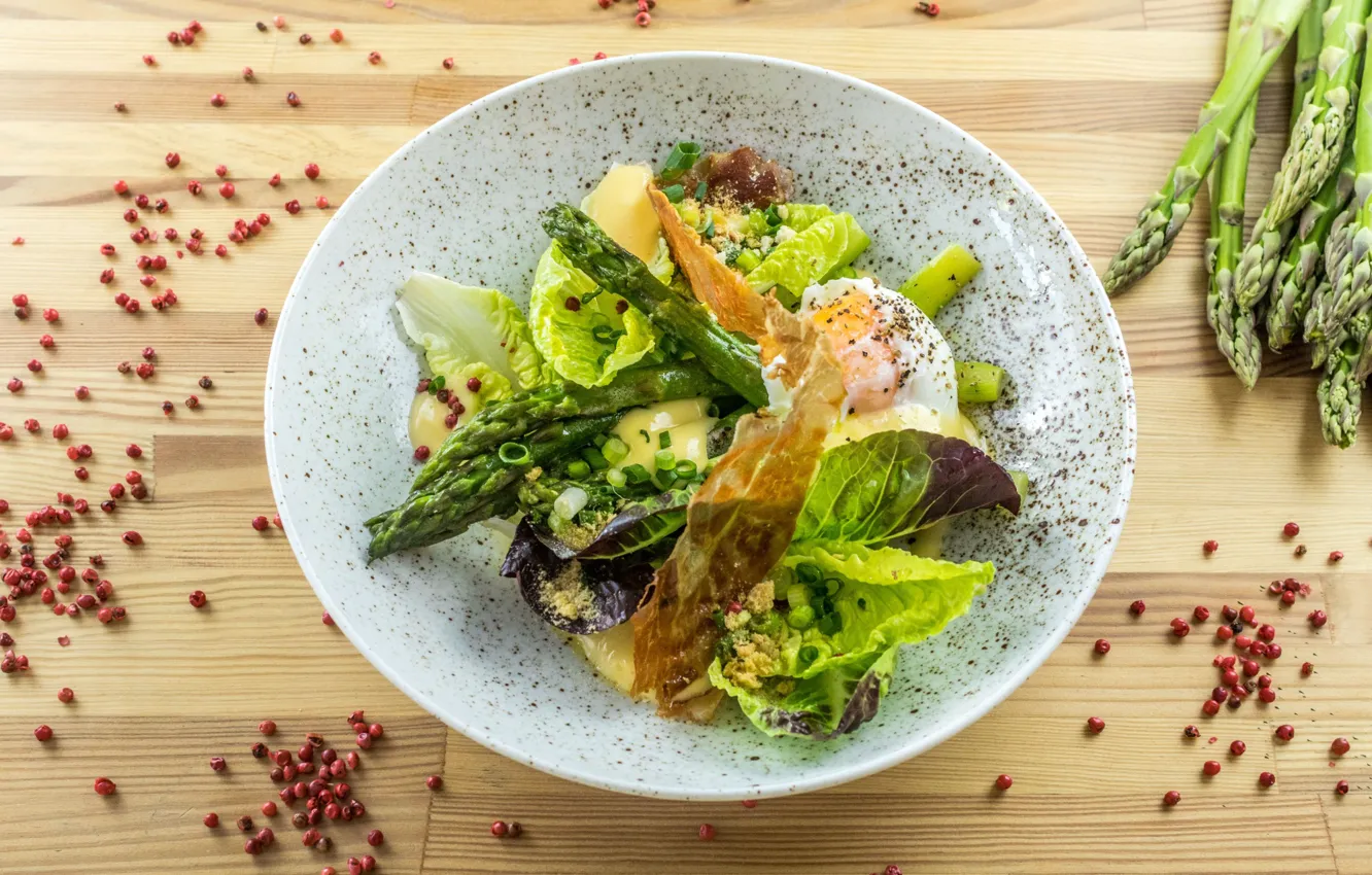 Photo wallpaper eggs, salad, spices, asparagus