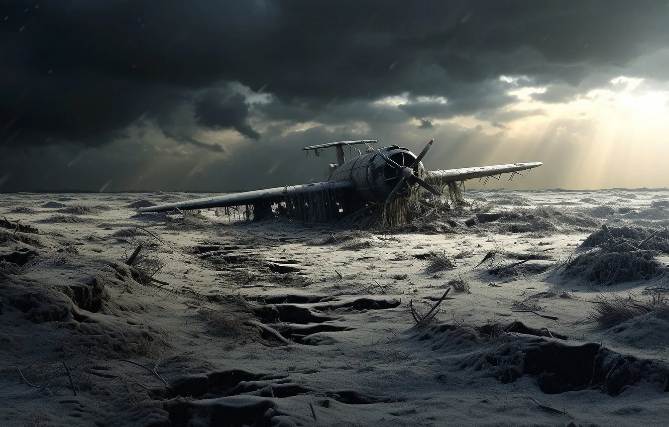 Photo wallpaper snow, clouds, devastation, the plane