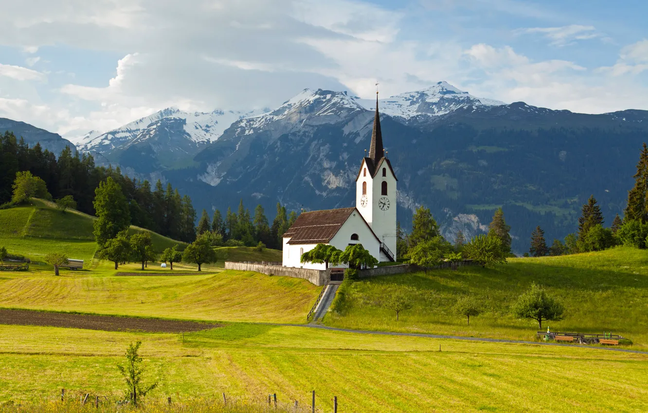 Photo wallpaper field, trees, mountains, Switzerland, Alps, Church, Versam Graubünden