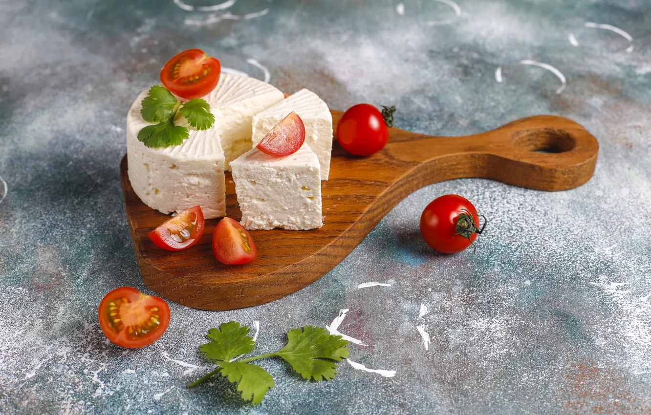 Photo wallpaper cheese, tomatoes, cutting Board