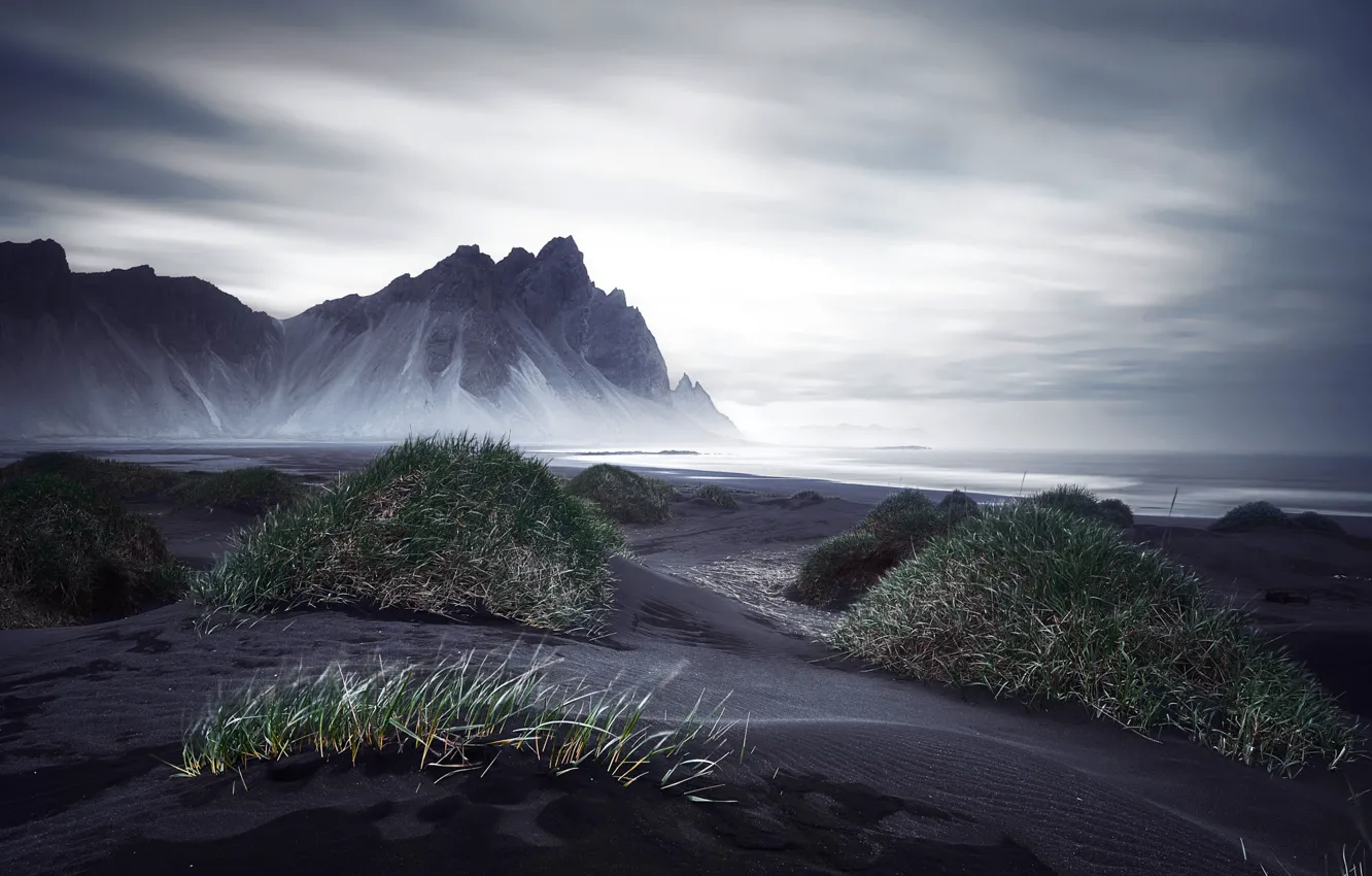 Photo wallpaper sea, mountains, shore, Vestrahorn Islande