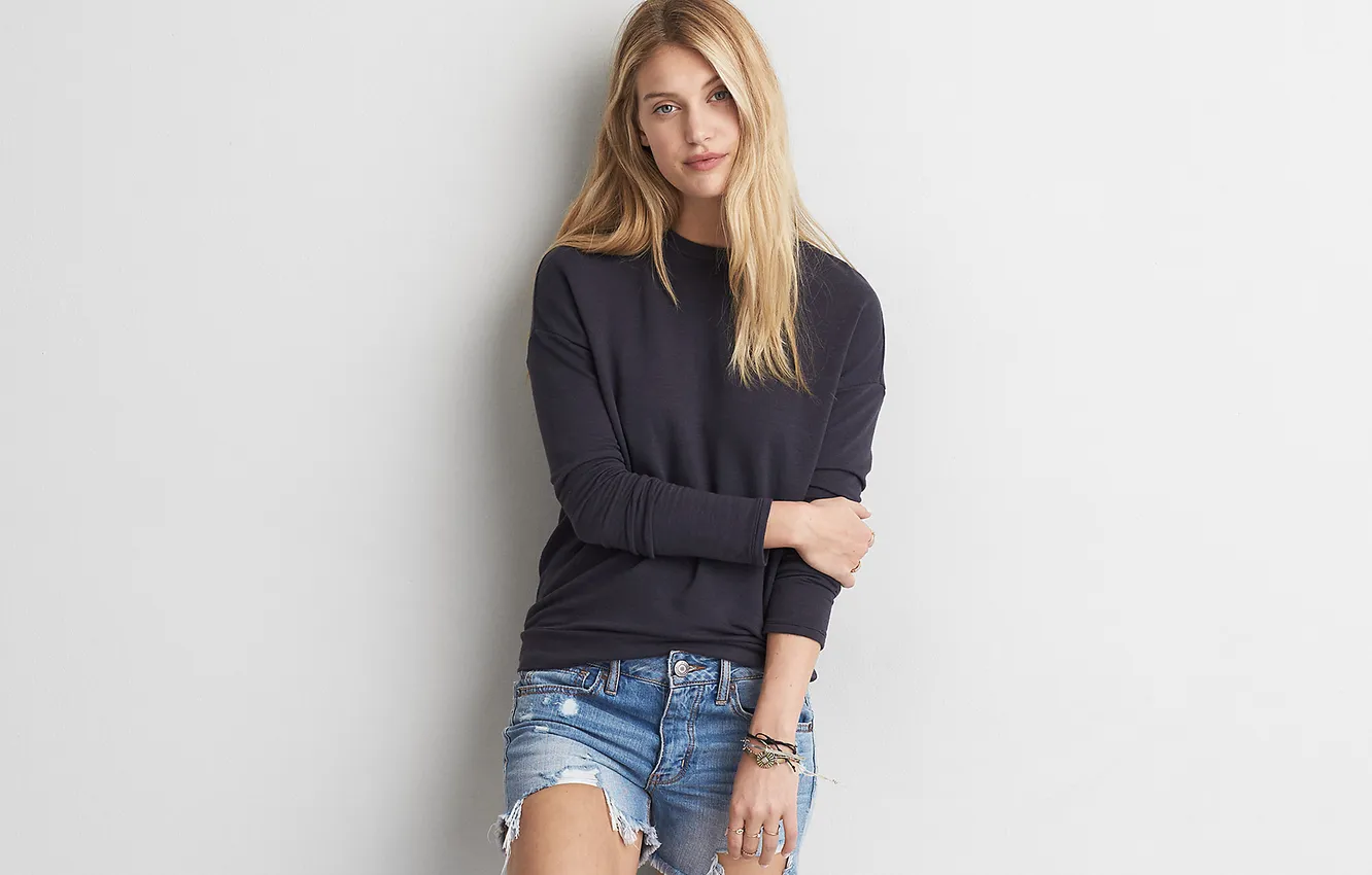 Photo wallpaper shorts, long hair, woman, young, beautiful, model, Denim, blonde