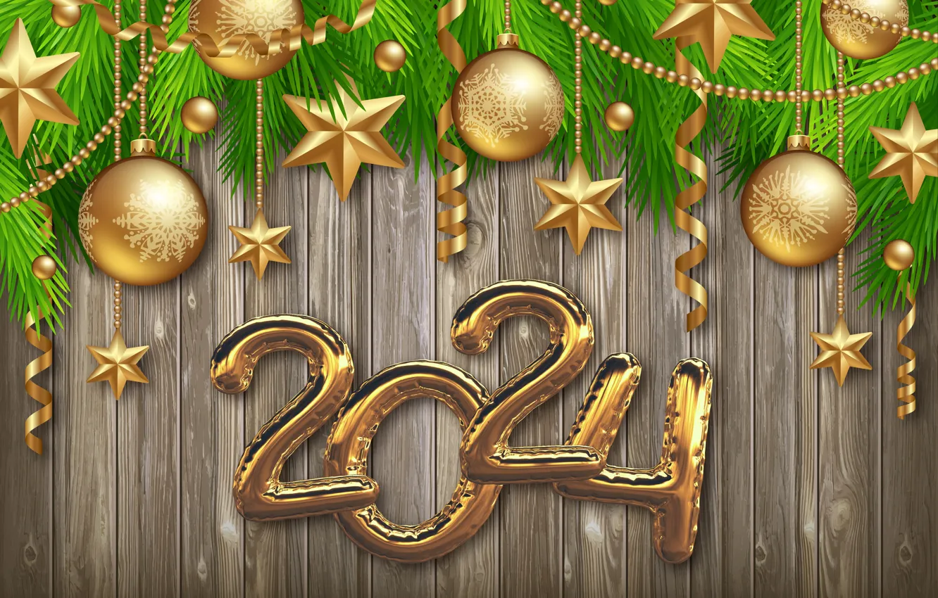 Photo wallpaper gold, balls, New Year, figures, golden, new year, Christmas, balls