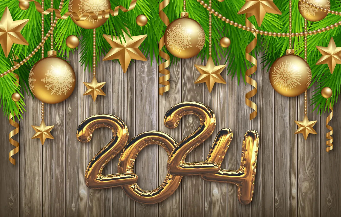 Photo wallpaper gold, balls, new year, figures, golden, Christmas, balls, wood
