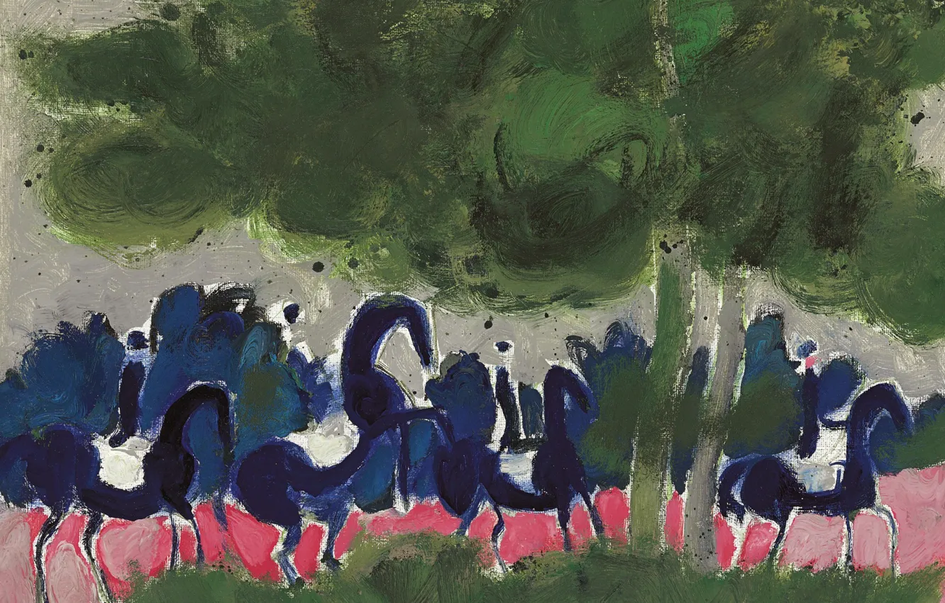 Photo wallpaper trees, landscape, horse, picture, Andre Brasilier, The four horsemen in the Forest