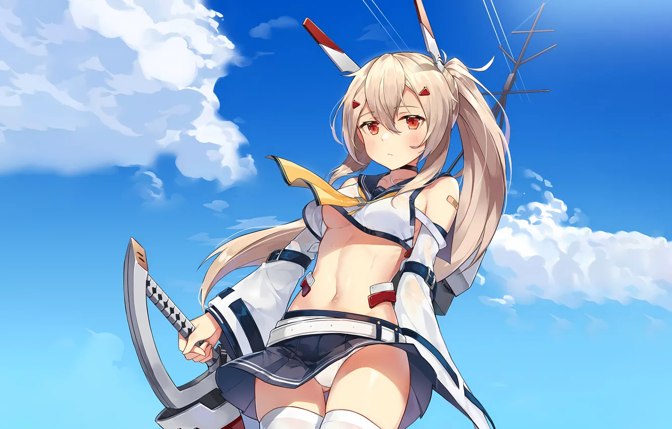 Photo wallpaper girl, sexy, lingerie, wet, cleavage, panties, thighhighs, sky