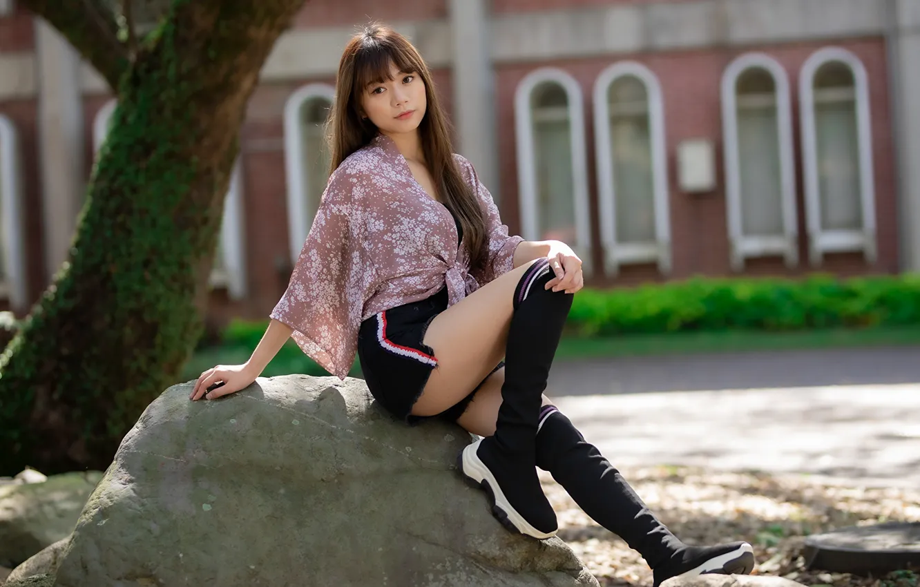 Photo wallpaper trees, pose, building, Asian, tree, boulders, asian, pose