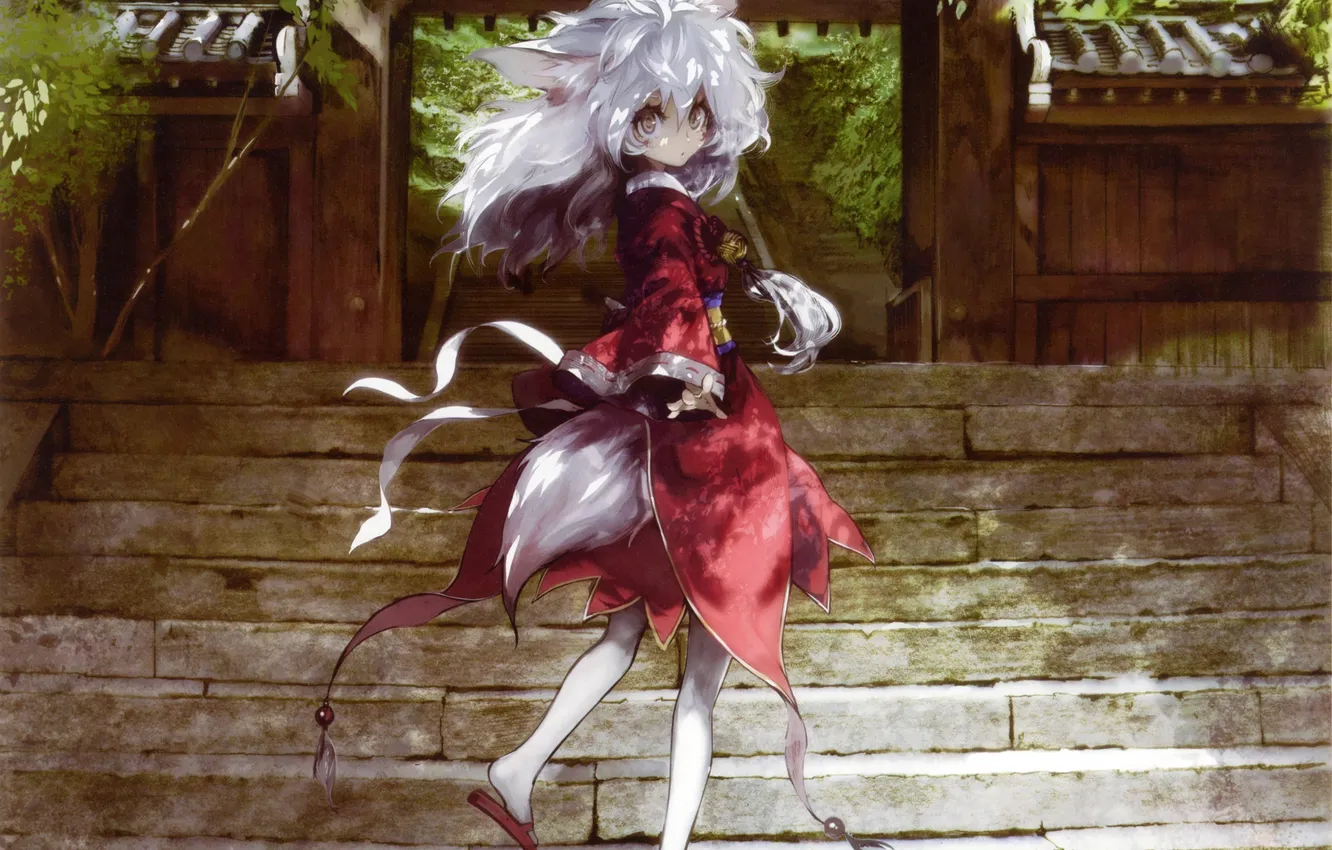 Photo wallpaper girl, trees, anime, art, ladder, tail, temple, ears