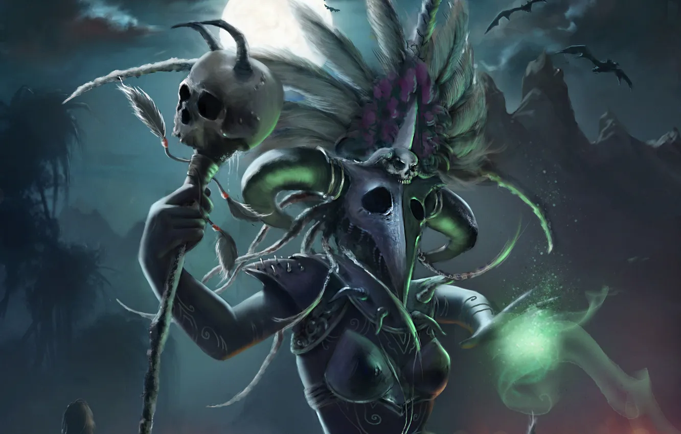 Photo wallpaper night, the moon, skull, feathers, mask, art, staff, Diablo III
