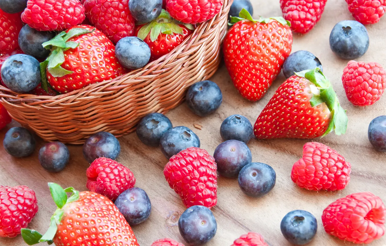 Photo wallpaper berries, raspberry, blueberries, strawberry, basket, fresh, strawberry, blueberry