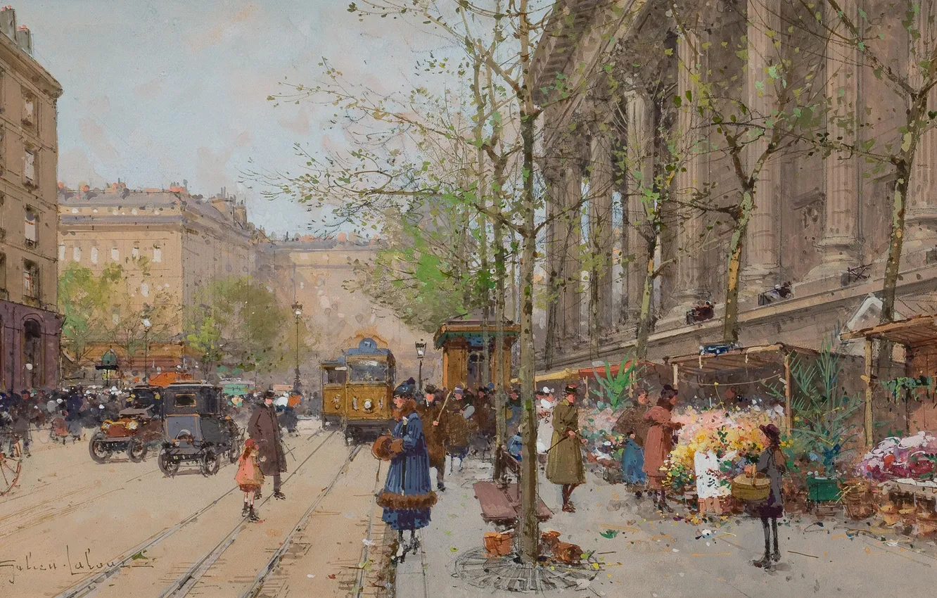 Photo wallpaper the city, street, people, picture, tram, Flower Market La Madeleine, EUGENE GALIEN-LALOUE
