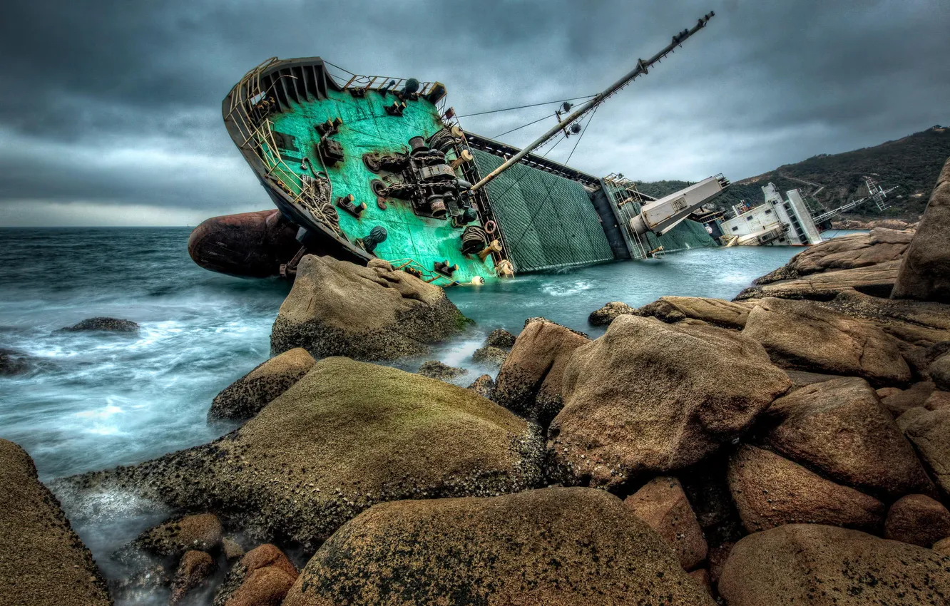 Photo wallpaper the ocean, rocks, shore, ship, shipwreck