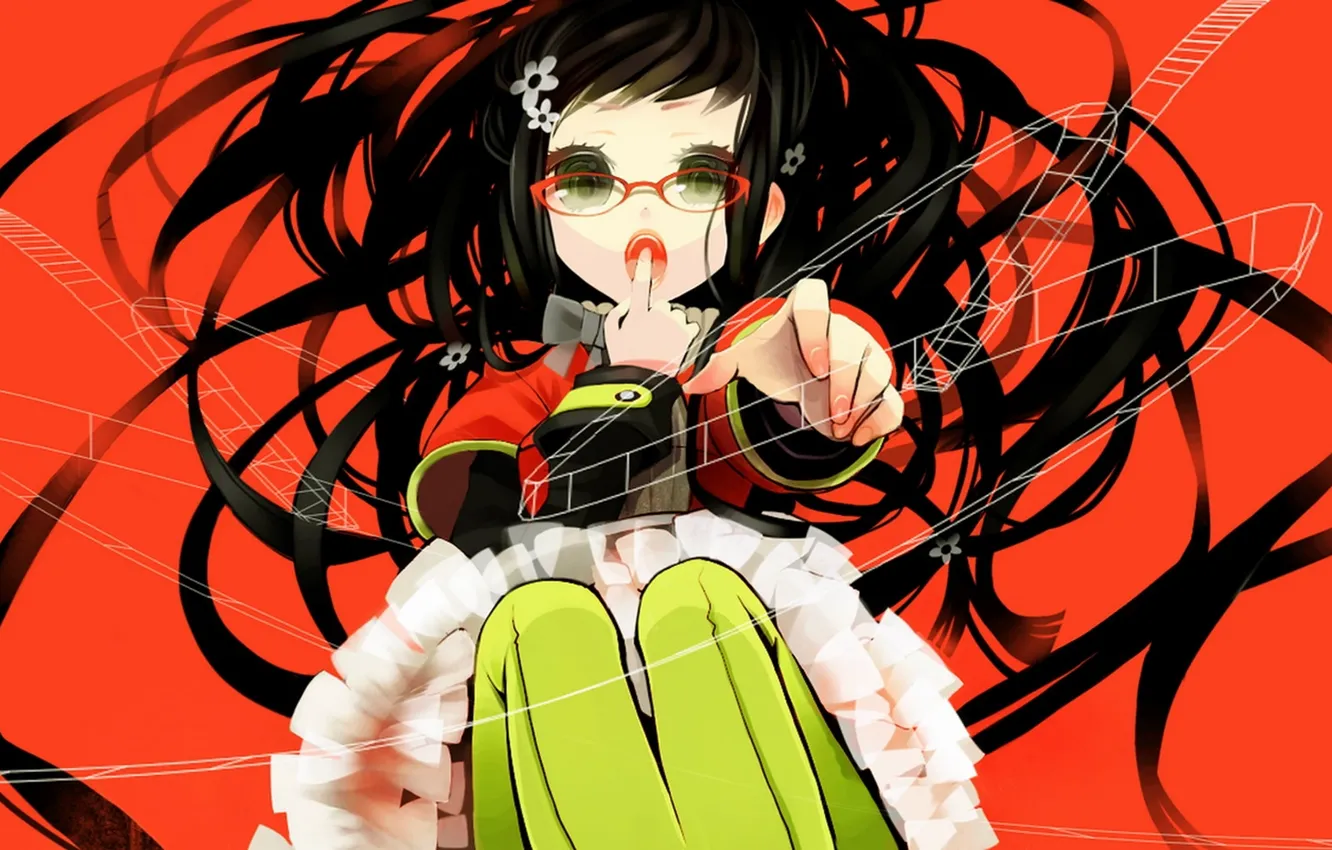 Photo wallpaper red, background, hair, glasses, girl, sitting, gesture, long