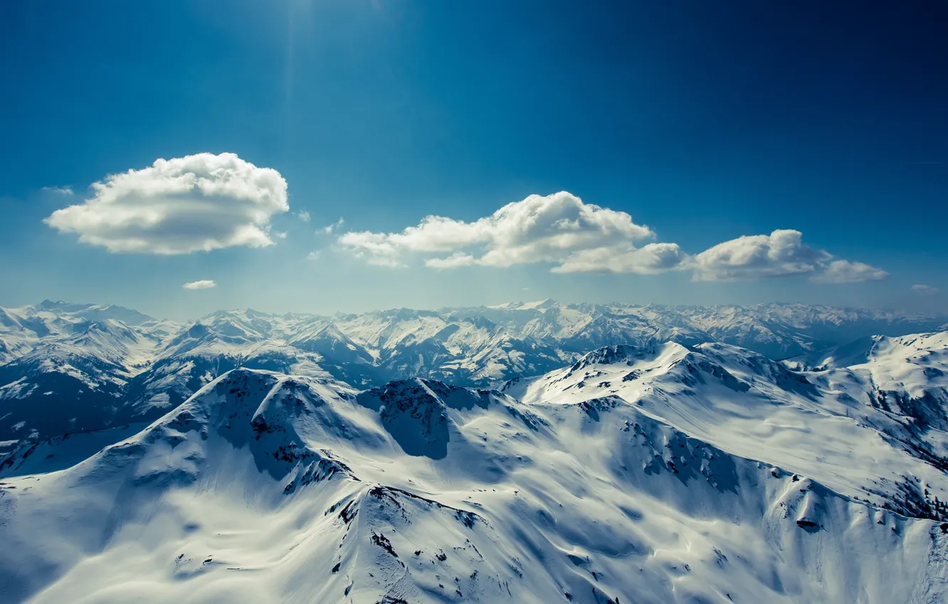 Photo wallpaper winter, the sky, clouds, snow, mountains, horizon, solar