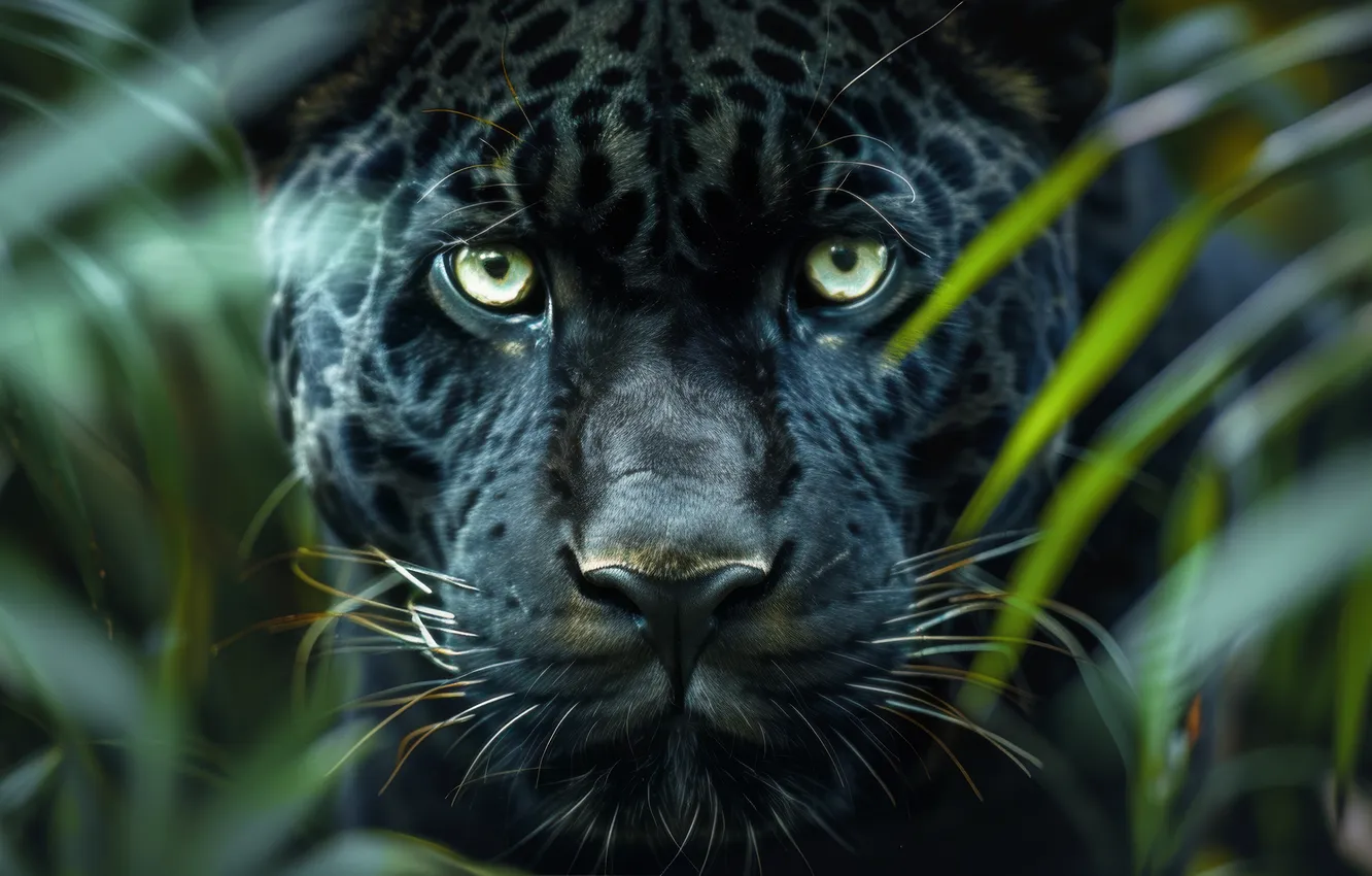 Photo wallpaper look, face, leaves, nature, portrait, Panther, jungle, black