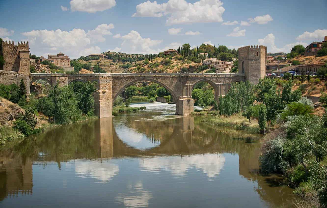 Photo wallpaper the sky, trees, bridge, the city, river, Spain, Toledo