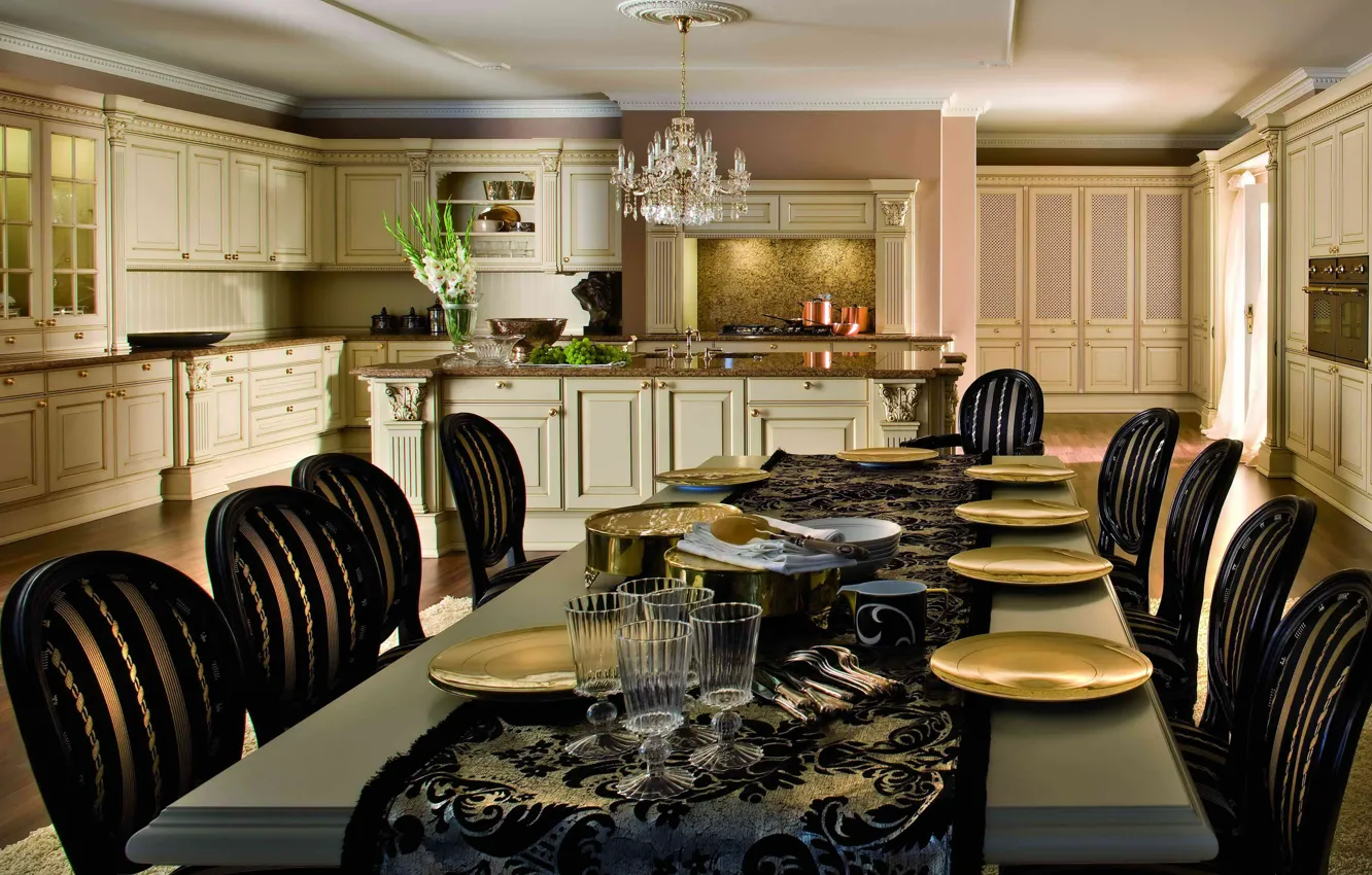 Photo wallpaper style, Villa, interior, kitchen, dining room