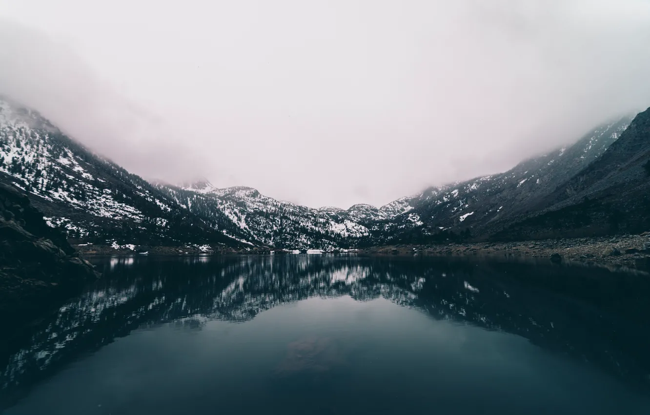 Photo wallpaper misty, mountains, lake