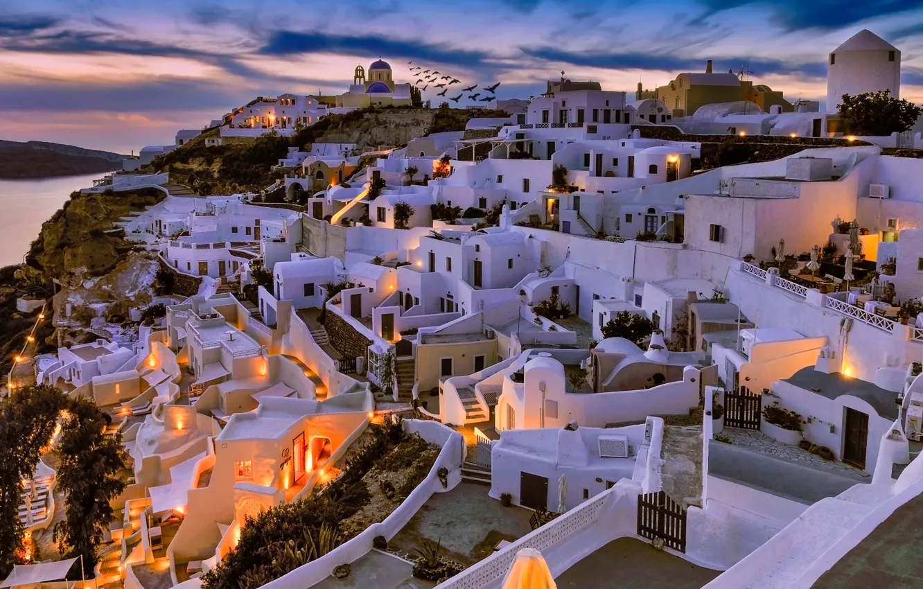 Photo wallpaper sea, clouds, the city, lights, bird, shore, building, home