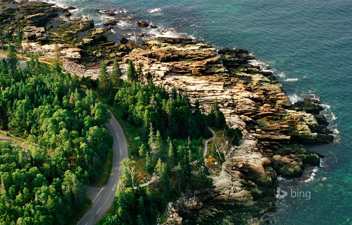 Photo wallpaper road, sea, rocks, shore, USA, Acadia national Park, Maine