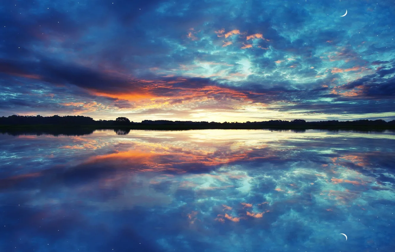 Photo wallpaper the sky, water, stars, clouds, reflection, lake, river, the moon