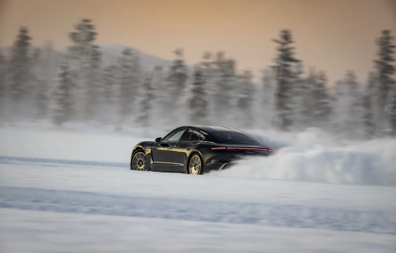 Photo wallpaper winter, snow, black, Porsche, track, 2020, Taycan, Taycan 4S