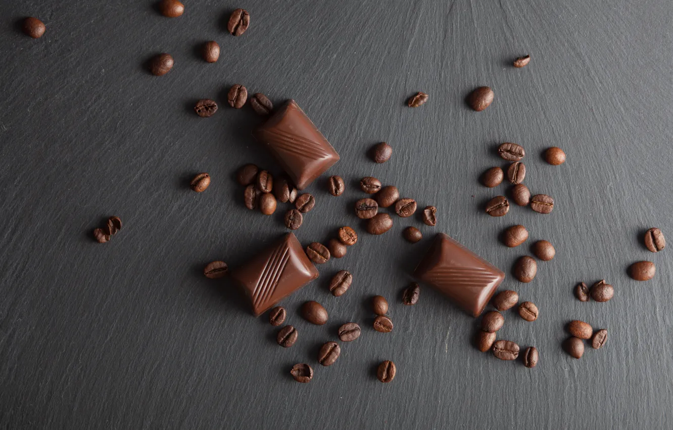 Photo wallpaper Chocolate, coffee beans, wooden background