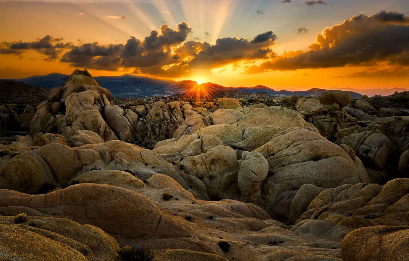 Photo wallpaper the sun, clouds, sunset, mountains, stones, rocks, USA, relief