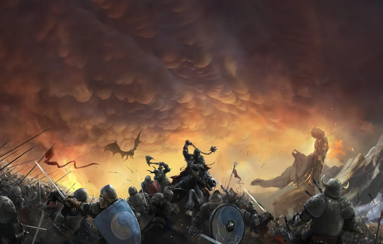 Photo wallpaper The sky, Dragon, War, Armor, Clouds, Battle, Soldiers, Knights