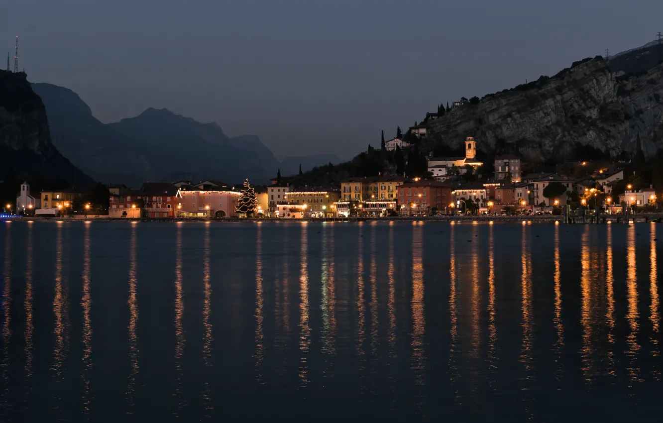 Photo wallpaper Italy, night, mountains, lake, chapel, Torbole, Garda Lake, fog. Chirstmas