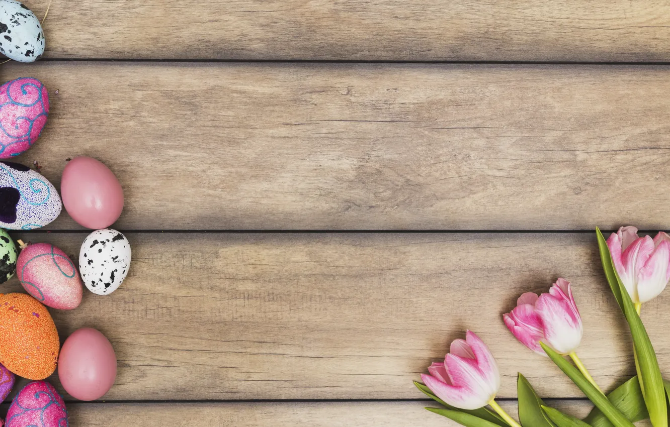 Photo wallpaper flowers, spring, Easter, tulips, pink, wood, pink, flowers