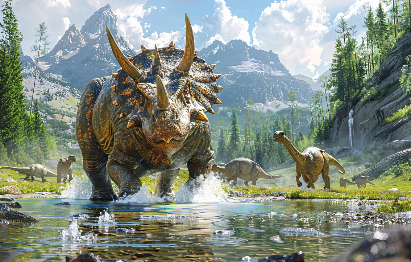 Photo wallpaper water, clouds, trees, mountains, animal, dinosaur, horns, river