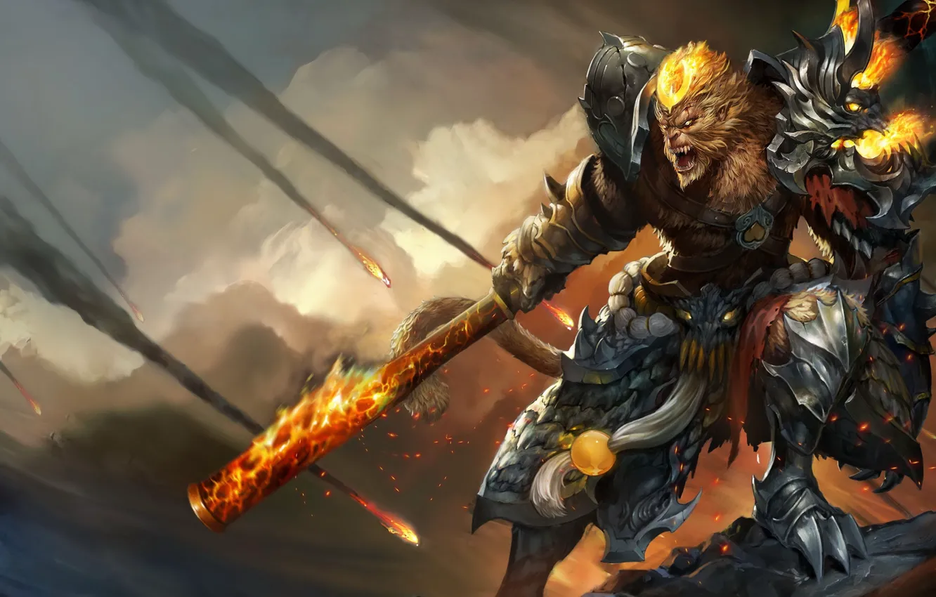 Photo wallpaper fire, warrior, art, armor, League of Legends, Wukong, Monkey King, wukong