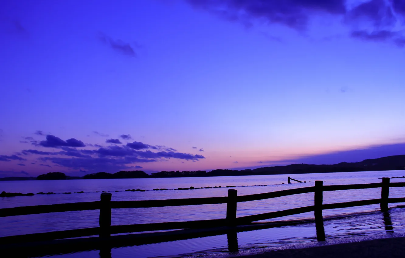 Photo wallpaper sea, the sky, clouds, sunset, the fence, the evening, Japan, the fence
