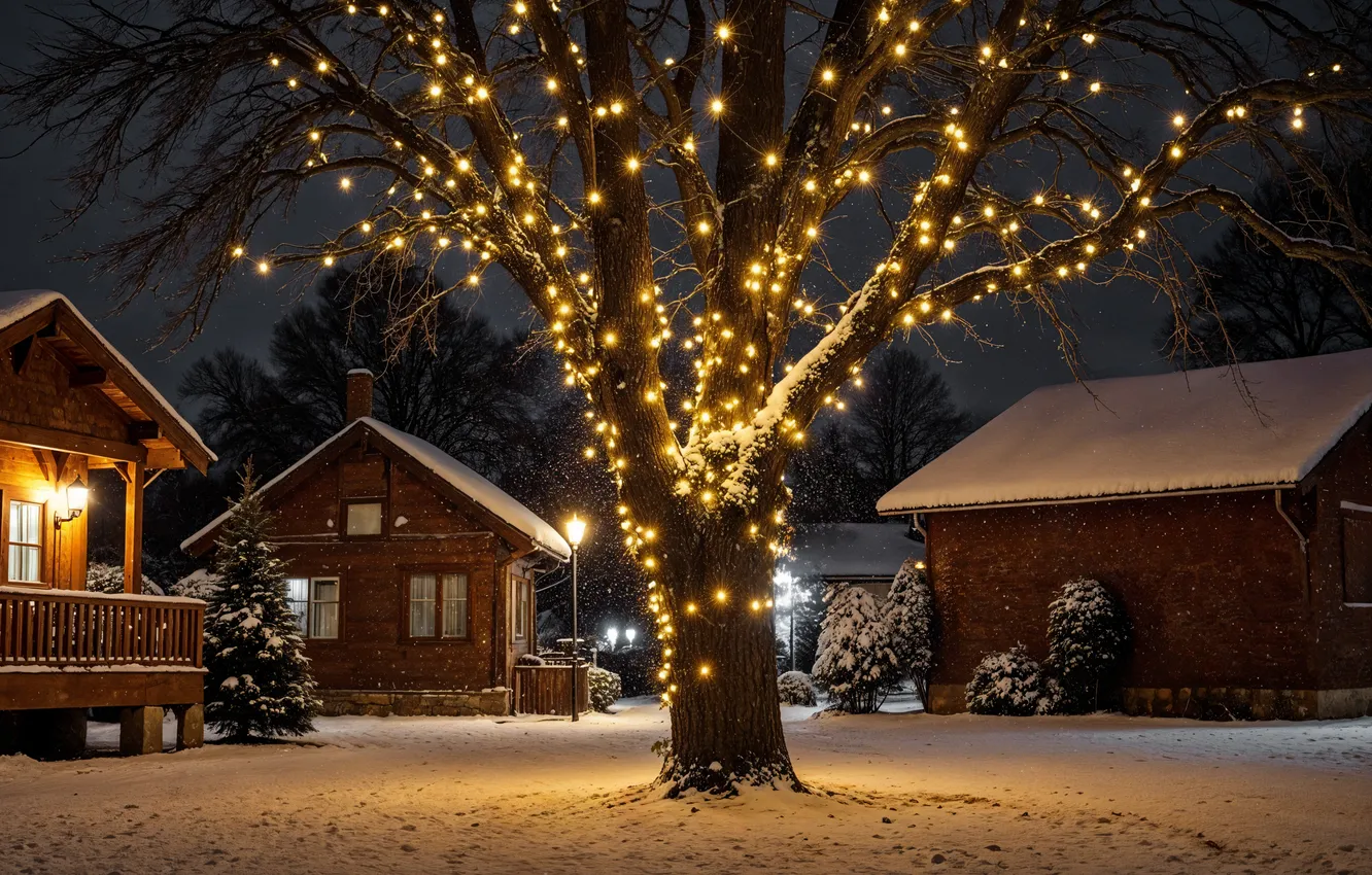 Photo wallpaper winter, snow, decoration, new year, village, Christmas, house, house