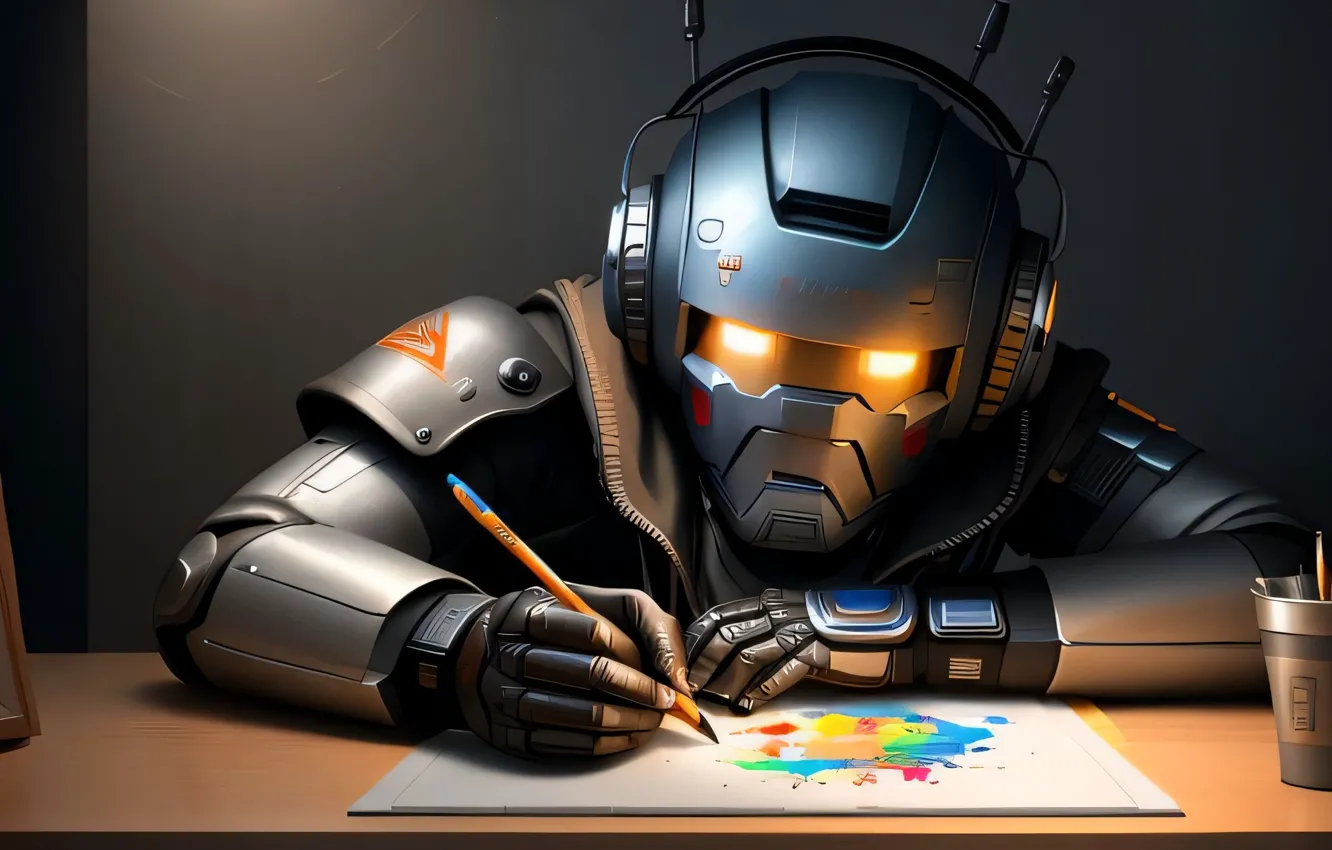 Photo wallpaper figure, robot, pencils, handle, digital art, digital art, artificial intelligence, Stability AI
