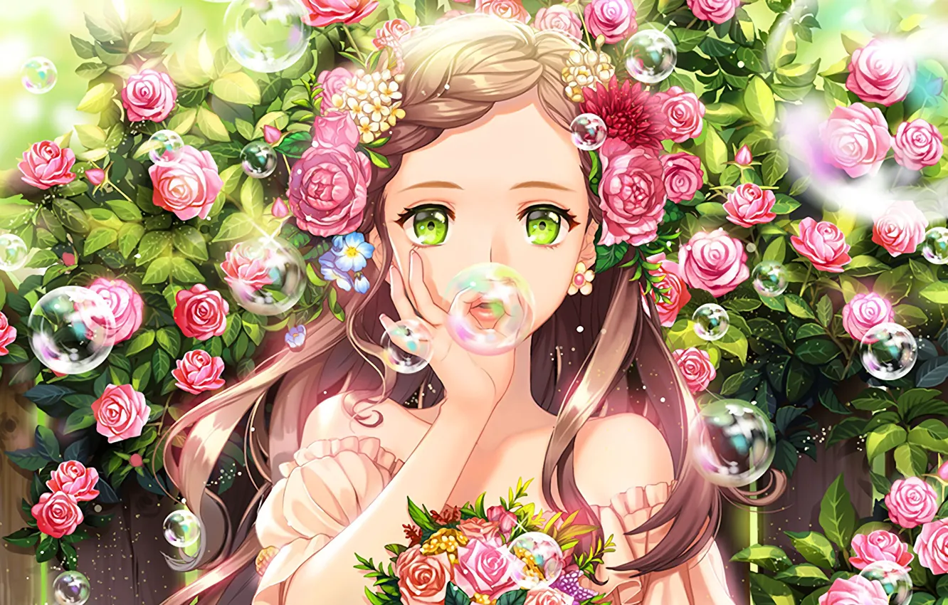 Photo wallpaper look, flowers, roses, anime, art, girl