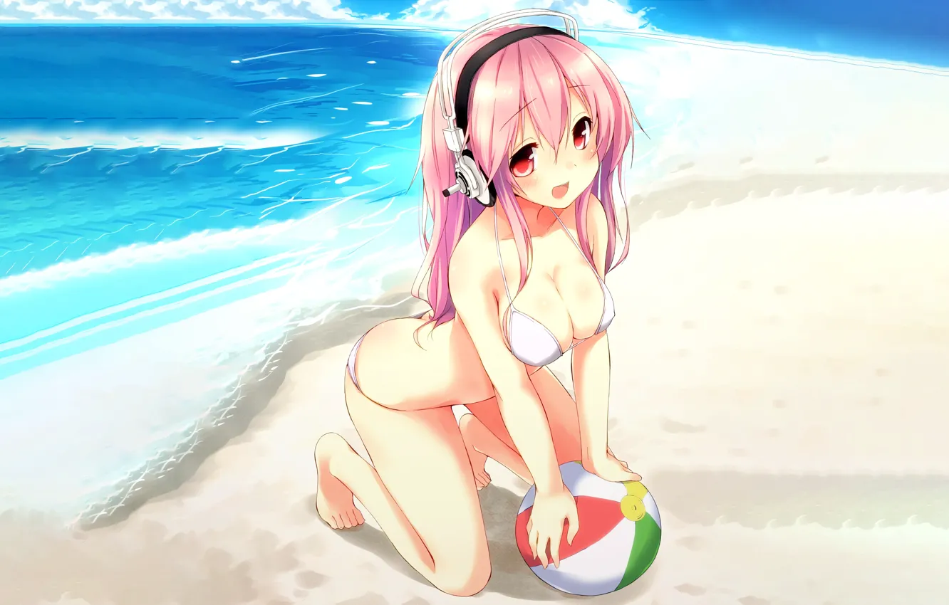 Photo wallpaper girl, sexy, beach, long hair, sea, boobs, anime, beautiful